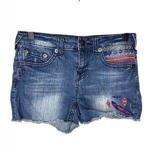 True Religion Girls Sz 14 Joey Shorts Denim Distressed Embroidered Jean Kids